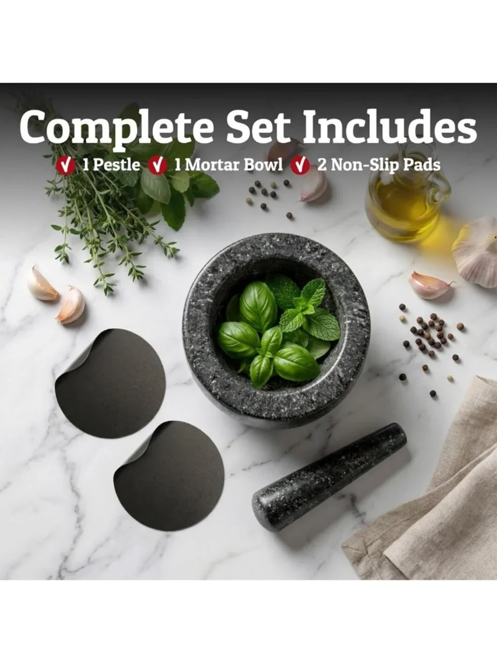 Large 2-Cup Granite Mortar and Pestle Set - Heavy Duty Stone Grinder for Spices
